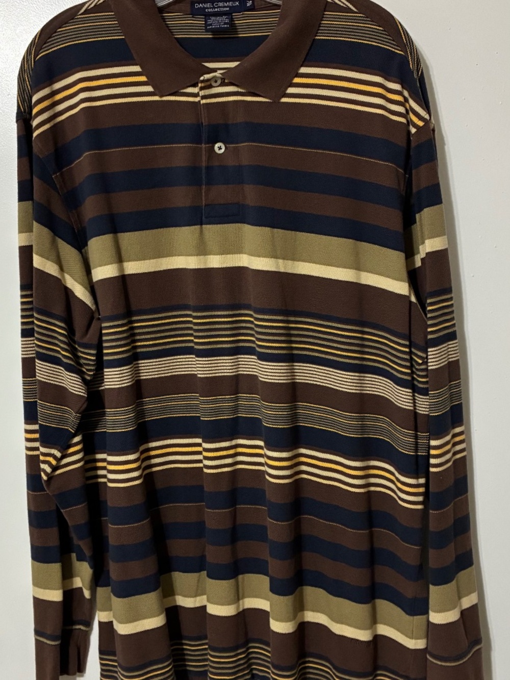 DANIEL CREMIEUX MENS LONG SLEEVE POLO SHIRT BROWN/BLUE/YELLOW STRIPED COTT SZ XL